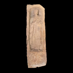 Roman funerary stele of figure with toga and roll