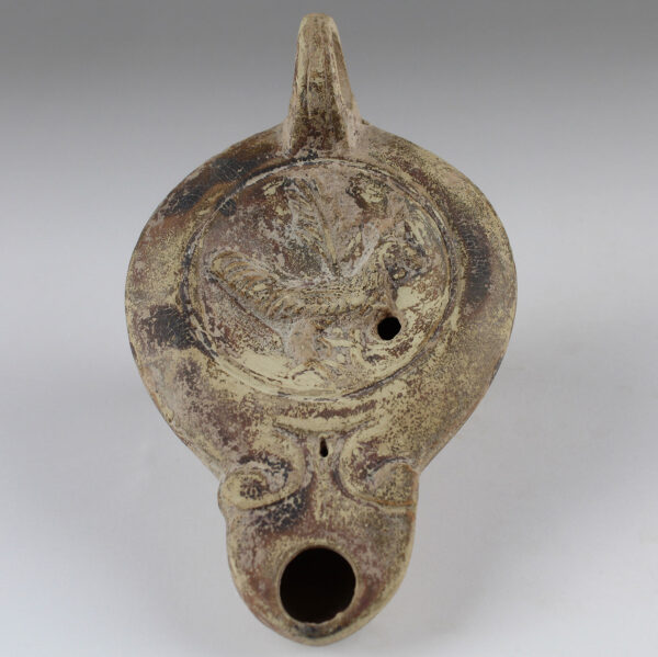 Roman oil lamp with cockerel and ‘L.MADIEC’ stamp