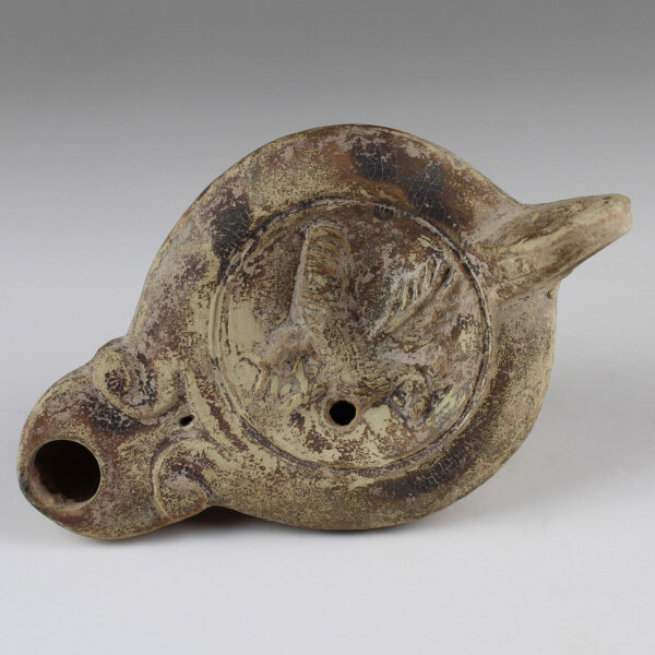 Roman oil lamp with cockerel and ‘L.MADIEC’ stamp