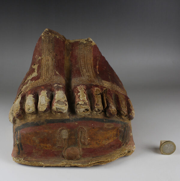 Egyptian painted cartonnage foot from a mummy sarcophagus